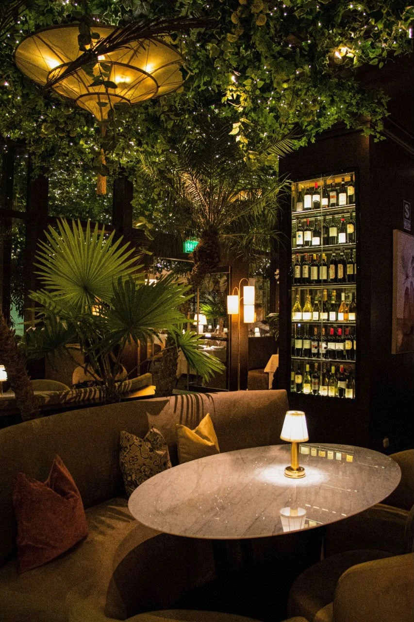 Lounge con cava de vinos y jardín interior