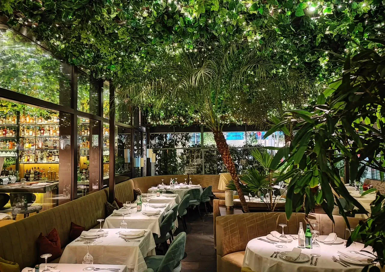 Salón de Anima e Cuore con techo de plantas, luces y cava de vinos
